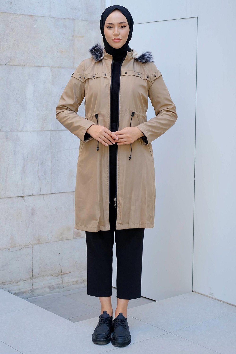 Hafsa Mina Yıldızlı İçi Kürklü Mont Bej HM2288 görsel 2