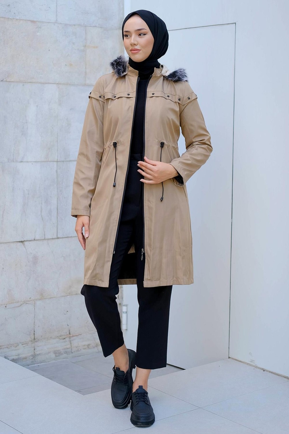 Hafsa Mina Yıldızlı İçi Kürklü Mont Bej HM2288 görsel 4