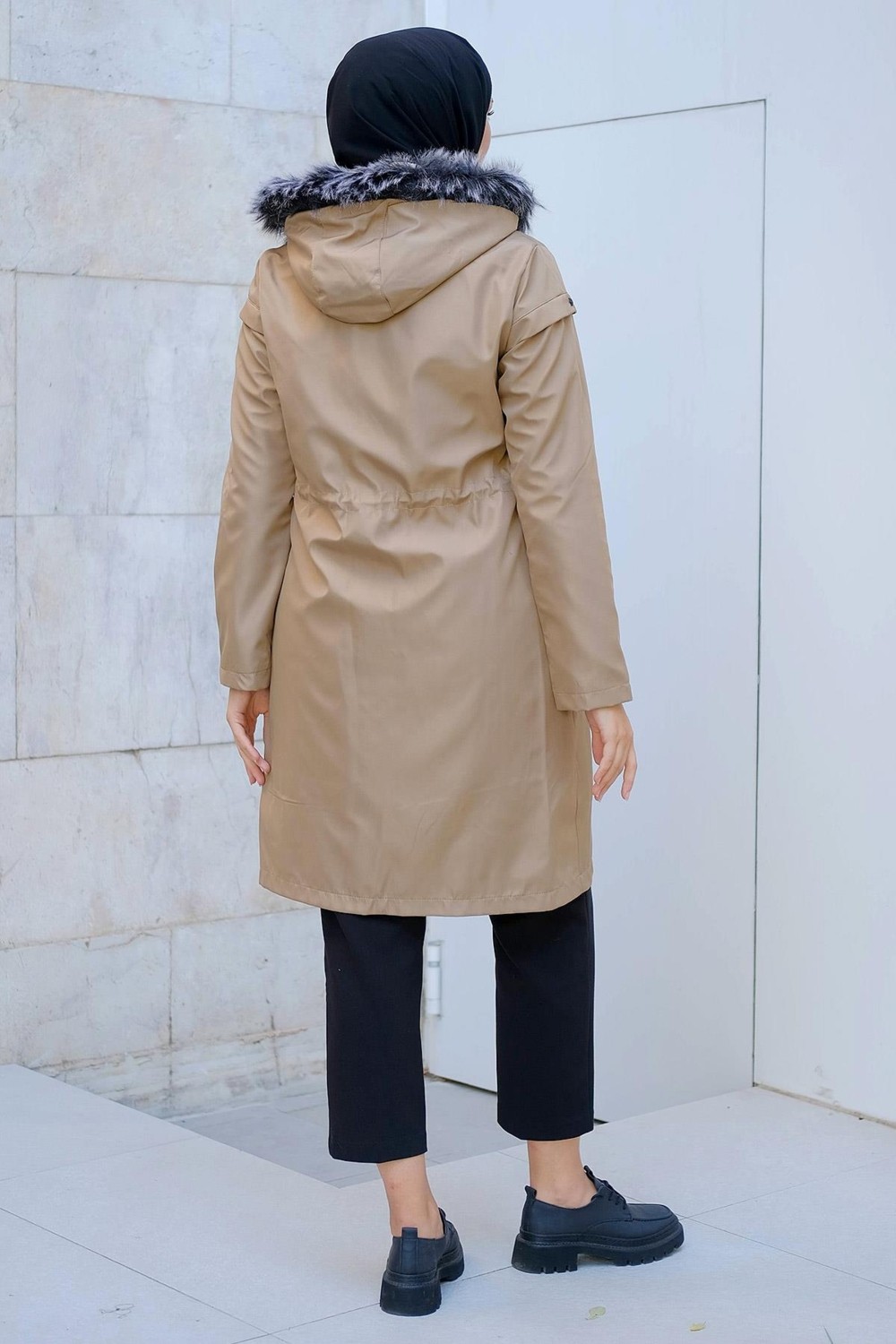 Hafsa Mina Yıldızlı İçi Kürklü Mont Bej HM2288 görsel 5