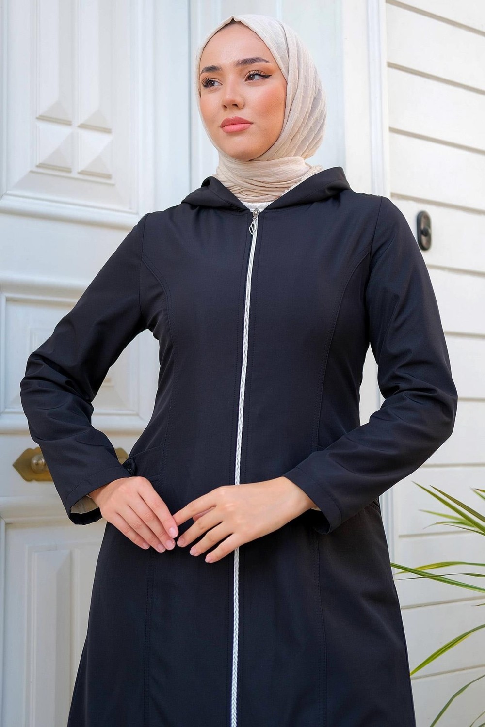 Hafsa Mina Sabit Kapüşonlu İçi Peluş Mont Siyah HM2277 görsel 3