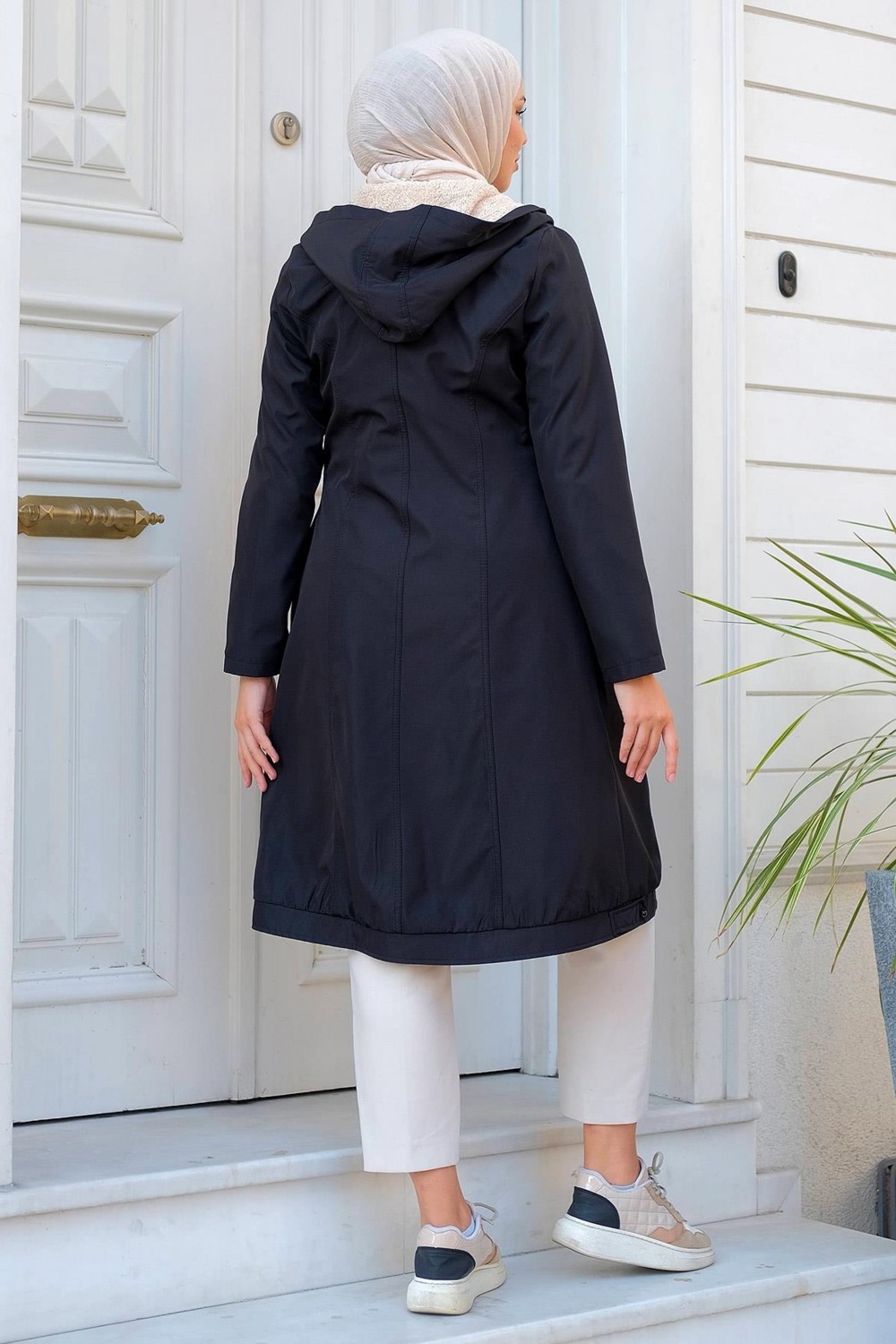 Hafsa Mina Sabit Kapüşonlu İçi Peluş Mont Siyah HM2277 görsel 5