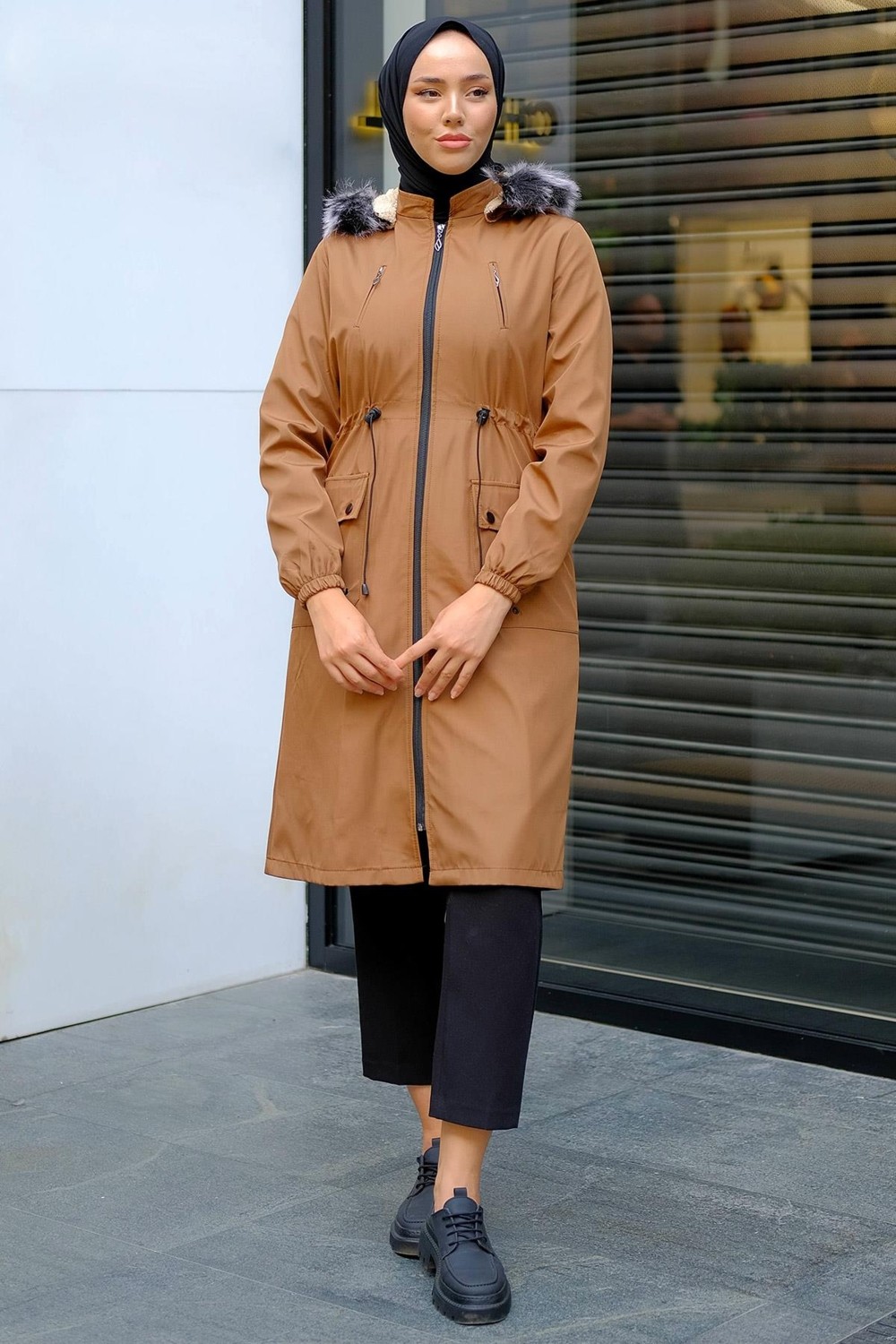 Hafsa Mina Süs Cepli İçi Peluş Mont Taba HM2295 görsel 2