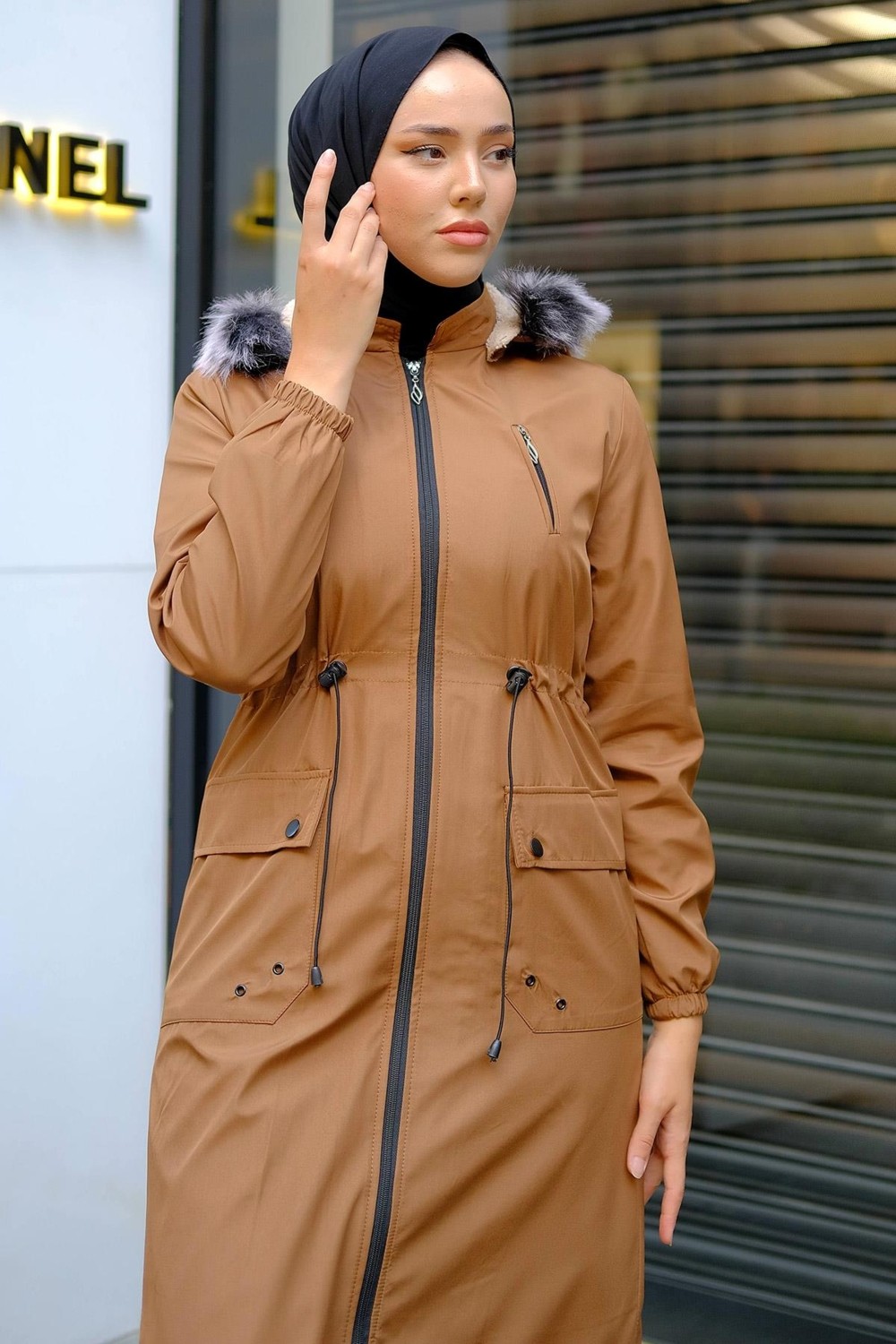 Hafsa Mina Süs Cepli İçi Peluş Mont Taba HM2295 görsel 3