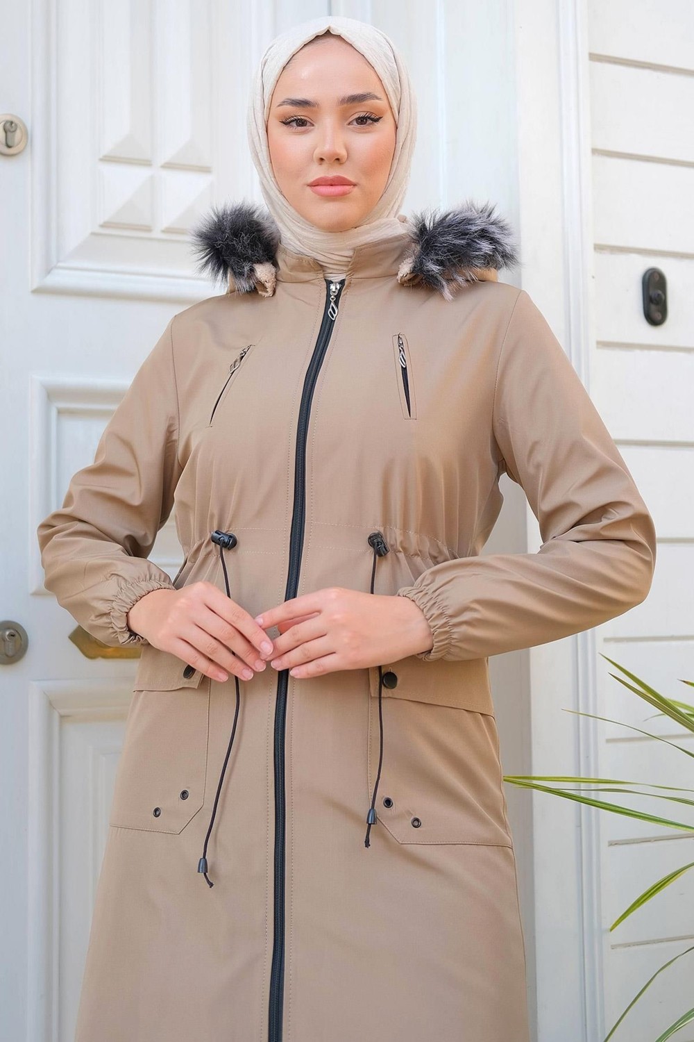 Hafsa Mina Süs Cepli İçi Peluş Mont Vizon HM2295 görsel 2