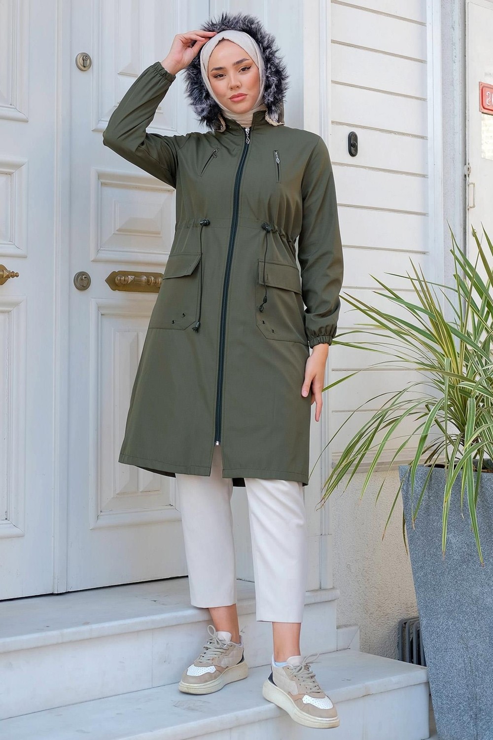 Hafsa Mina Süs Cepli İçi Peluş Mont Haki HM2295 görsel 4