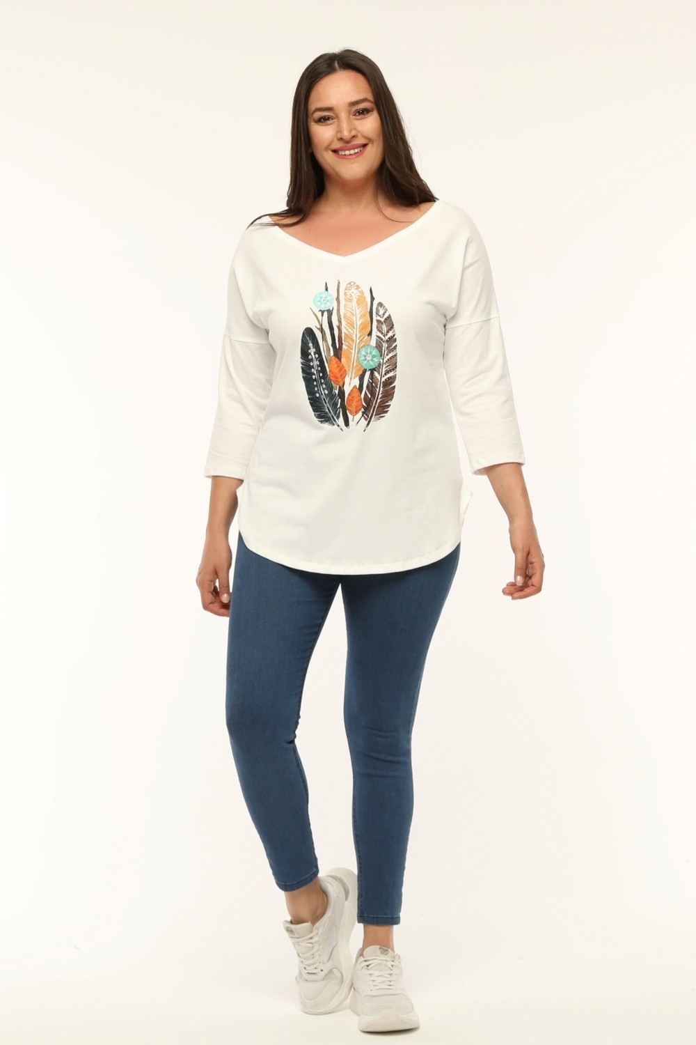 Curvy Trend Büyük Beden Geniş V Yaka Yarım Kol Oval Yırtmaç Bluz görsel 2