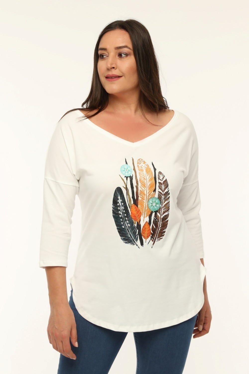 Curvy Trend Büyük Beden Geniş V Yaka Yarım Kol Oval Yırtmaç Bluz görsel 3