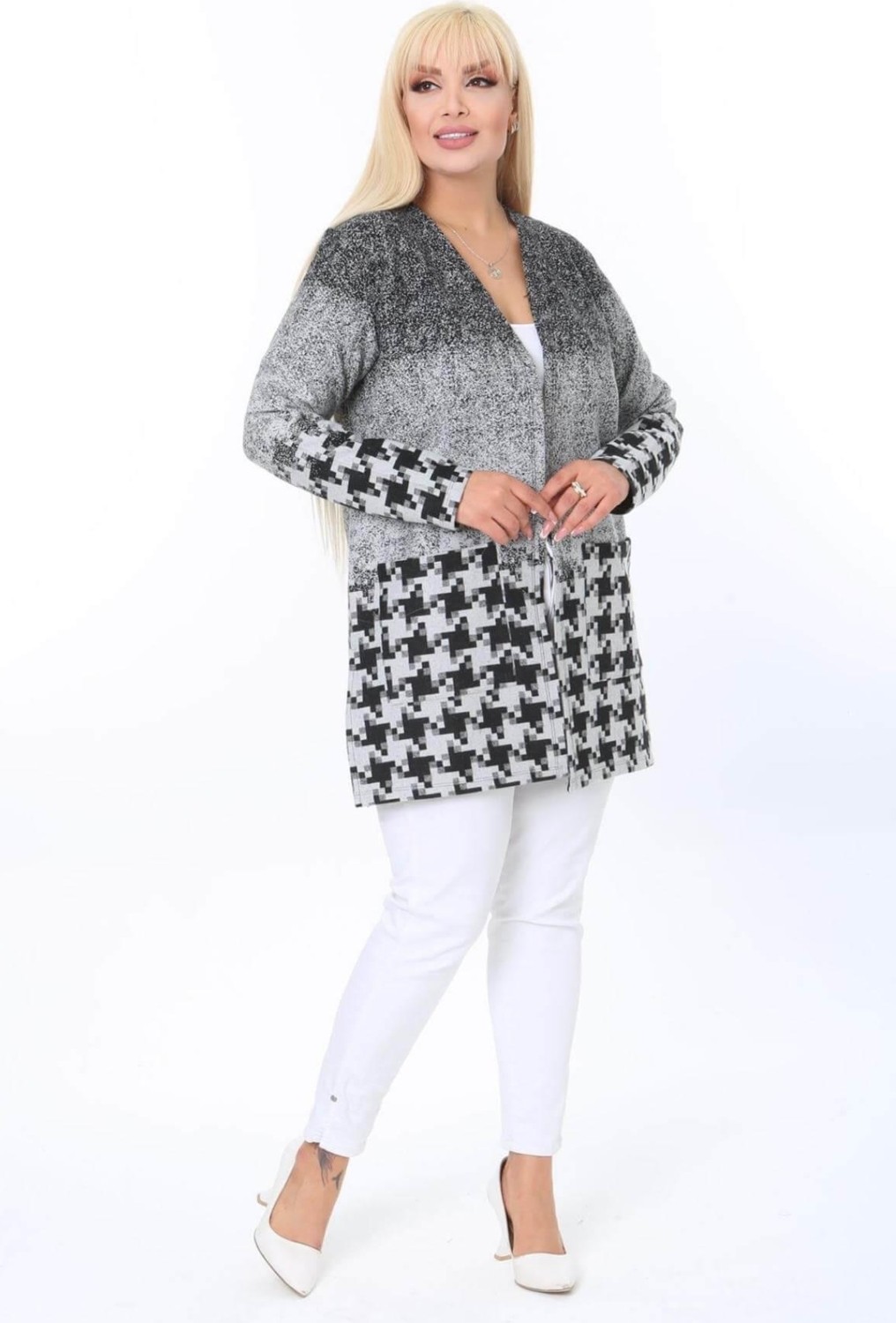 Mia Butik Büyük Beden Gri Siyah Desenli Hırka görsel 3