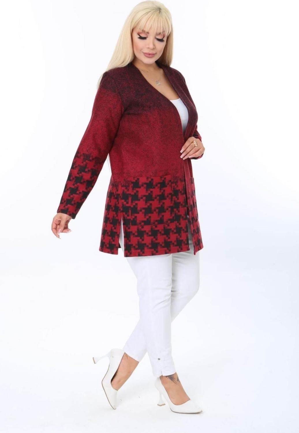 Mia Butik Büyük Beden Kırmız Siyah Desenli Hırka görsel 3