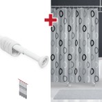 Tropik Home Polyester Kumaş Geometrik Desen Gri Banyo Perdesi Askı Aparatı Hediyeli C-Halkalı Duş Perdesi