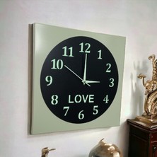 Ahşap 3D Yeşil Siyah Love Fosforlu Salon Ofis Duvar Saati 40*40 cm Camsız