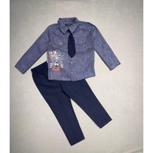 Denizcik 3-4-5 Yaş Kravatlı Keten Gömlek Gabardin Pantolon Uzun Kollu 3lü Erkek Çocuk Takımı
