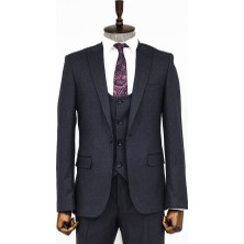 Wessi Slim Fit Desenli Lacivert Erkek Takım Elbise