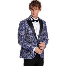 Wessi Işıltılı Sarmaşık Desenli Slim Fit Mavi Erkek Smokin Ceket