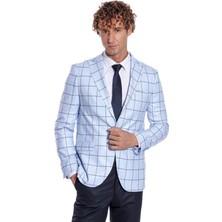 Wessi Kare Desenli Slim Fit Açık Mavi Erkek Ceket