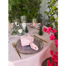 Decamor Home Keten Dokulu Dertsiz Simli Pembe Yuvarlak Masa Örtüsü