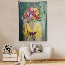 Harita Sepeti Çiçek Başlı Kadın Portresi Yağlıboya Görünüm Dekoratif Duvar Örtüsü-Halısı-6394