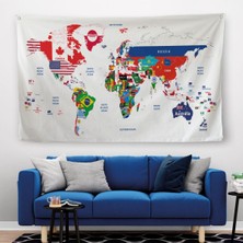 Harita Sepeti Dünya Haritası Bayrak Desenli Dekoratif Kanvas Duvar Örtüsü-Halısı 1043 