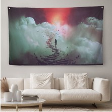 Harita Sepeti Gökyüzüne Giden Kırık Merdivenlerde Duran Genç Kadın Kanvas Duvar Örtüsü-Halısı-5029