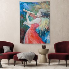 Harita Sepeti Keman Çalan Müzisyen Kadın Duvar Örtüsü - Halısı-5922