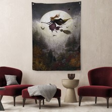 Harita Sepeti Süpürge İle Uçan Cadı, Cadılar Bayramı Helloven Duvar Örtüsü - Halısı-6159