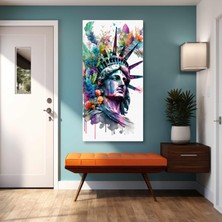 SML Tablo Özgürlük Heykeli Sulu Boya Efektli New York Boyuna Dikey Kanvas Tablo