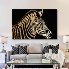 SML Tablo Gold Detaylı Zebra Illüstrasyonu Çizgili Hayvan Silüeti Yatay Kanvas Tablo