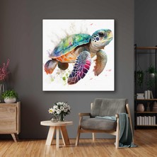 SML Tablo Şirin Su Kaplumbağası Sulu Boya Efektli Hayvan Kare Kanvas Tablo