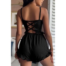 Bella Notte Viskon Siyah Çapraz Ip Detaylı Şık Şortlu Takım 7514