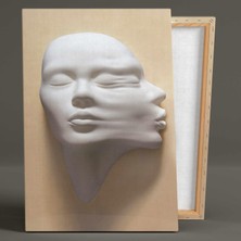 Bej Duvardan Çıkan Alçı Görünümlü Heykel Çift Ikili Dikey Kombin 2li Set Kanvas Tablo