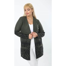 Mia Butik Kadın Büyük Beden Haki Siyah Yaprak Desenli Cepli Kısa Hırka