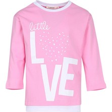 Luess Kız Çocuk Love Baskılı Ekru Garni Detaylı Uzun Kol Pembe T-Shirt