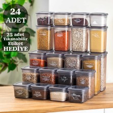 Porsima 433-GR 24 Lü Etiketli Çok Amaçlı Kare Erzak Baharat Saklama Kabı Seti 1.90 x 8 Adet, 1.30 x 8  Adet, 0,60 x 8 Adet  -Gri