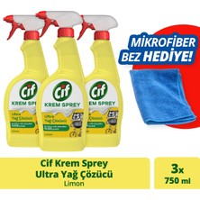 Cif Krem Sprey Limon Ultra Yağ Çözücü Yüzey Temizleyici 750 ml X3 + Mikrofiber Bez Hediye X1