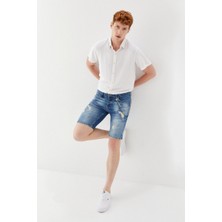 Pebeo Yaka Arkası Rozetli Dökümlü Düz Desen Keten Regular Fit Kısakol Gömlek  Ekru