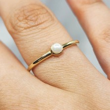 Fasek Gold Gümüş Yüzük - İnci Minimal Tasarım Tek Taş 925 Ayar Gümüş Yüzük