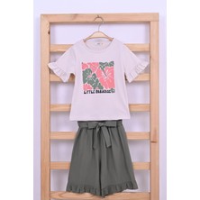 Miniğimin Cicileri Minigimin Cicileri Bisiklet Yaka Baskılı Kısa Kollu Krilkıl Kız Çocuk Tişört ve Şort - Haki