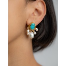 Flechazo Jewelry Turkuaz Taşlı Incili Sallanan Küpe
