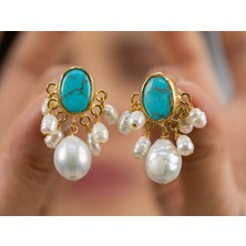 Flechazo Jewelry Turkuaz Taşlı Incili Sallanan Küpe
