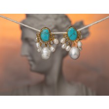 Flechazo Jewelry Turkuaz Taşlı Incili Sallanan Küpe