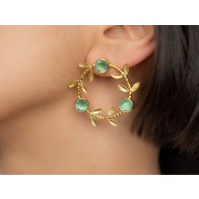 Flechazo Jewelry Aquamarine Kedi Gözü Taşlı Zeytin Dalı Motifli El Yapımı Küpe