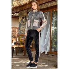 Cossy By Aqua 24342 Kadın Uzun Kollu Kazayağı Desen Kadife Eşofman Takımı-Bej