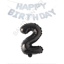 Beyaz Happy Bırthday Set ve Siyah Rakam Folyo Balon Seti Yaş 2