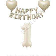Bej Rengi Happy Bırthday Set Kalp ve Rakam Folyo Balon Seti Yaş 1