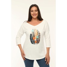 Curvy Trend Büyük Beden Geniş V Yaka Yarım Kol Oval Yırtmaç Bluz