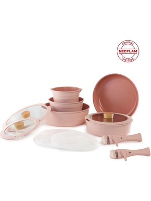 Neoflam Midas Pembe 12 Parça (Yedek Kulplu) Ayrılabilen Saplı Iç Içe Geçebilen Indüksiyonlu Tencere Tava Seti