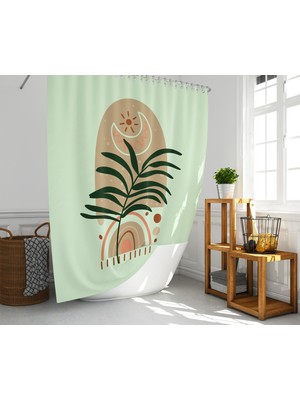 Tropik Home Banyo Duş Perdesi Palmiye Desen Yeşil Dijital Baskılı Banyo Perdesi, Tek Kanat C HALKALI-180X200 cm