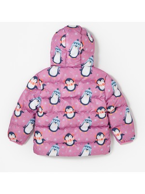 June Penguen Desenli Içi Polarlı Kız Çocuk Mont