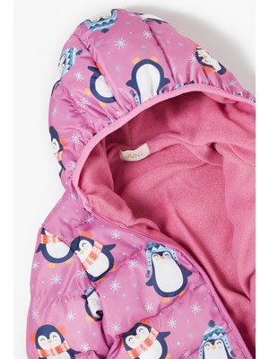 June Penguen Desenli Içi Polarlı Kız Çocuk Mont