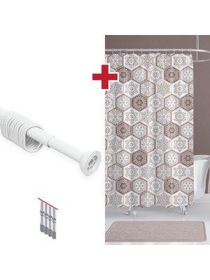 Tropik Home Kahverengi Banyo Perdesi Askı Hediyeli 180X200CM Tek Kanat Duş Perdesi, Şal Desen Banyo Duş Perdesi